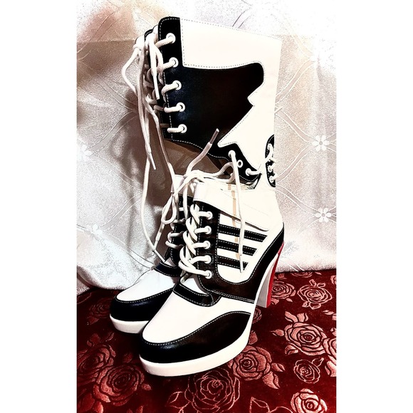 Long knee high tie/strap-up boot high heels - red & black size 7.5 - Picture 5 of 8